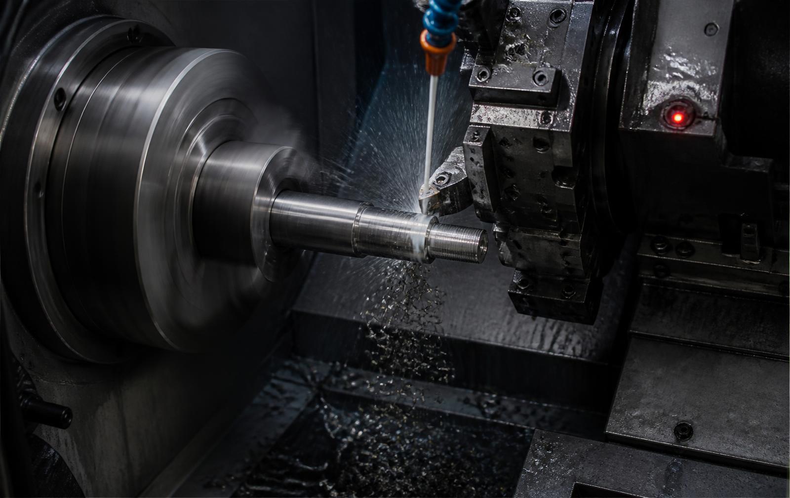 CNC lathe turning a steel shaft under coolant